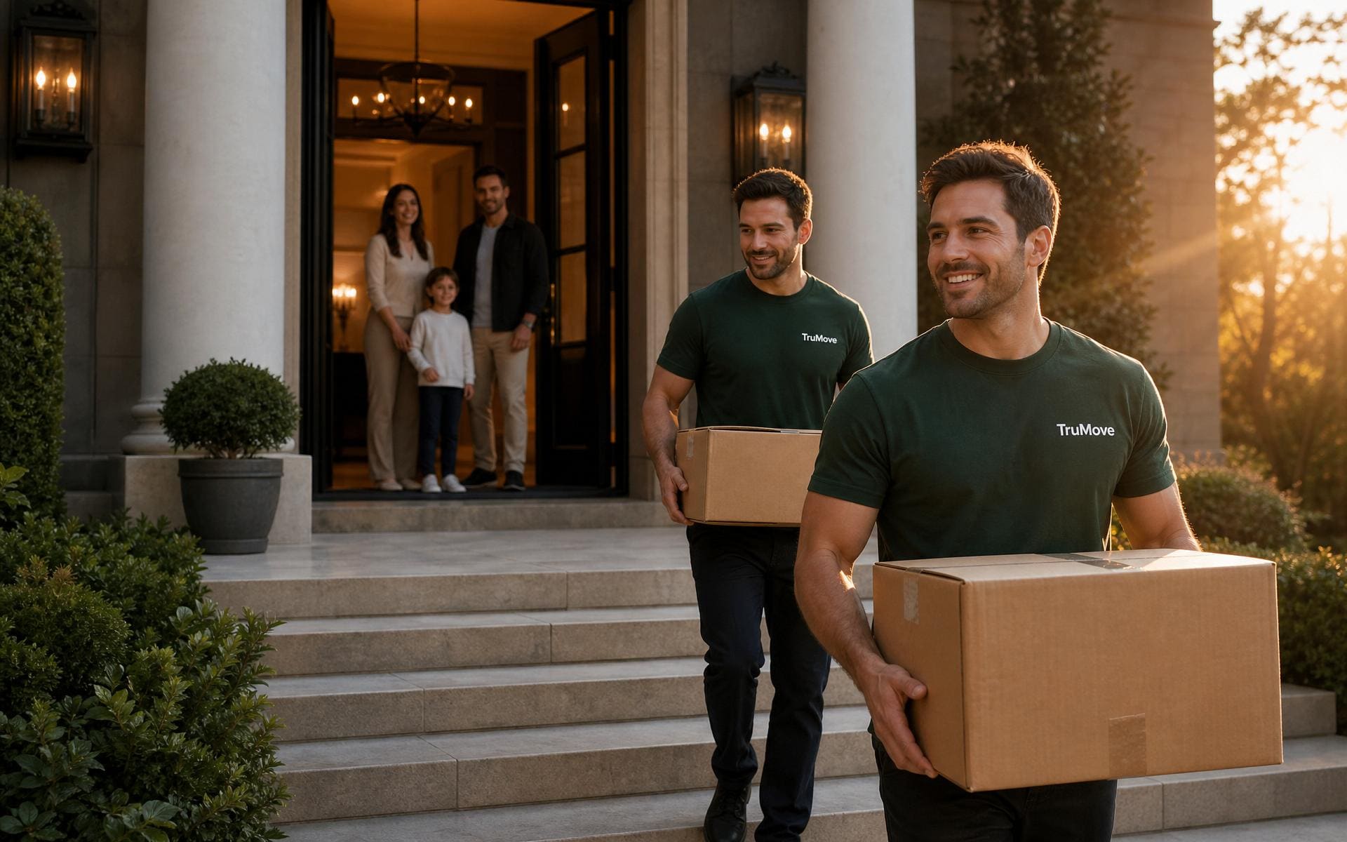 Professional movers from a TruMove-vetted carrier carrying labeled boxes up the front steps of a luxury mansion at golden hour while a family watches from the doorway