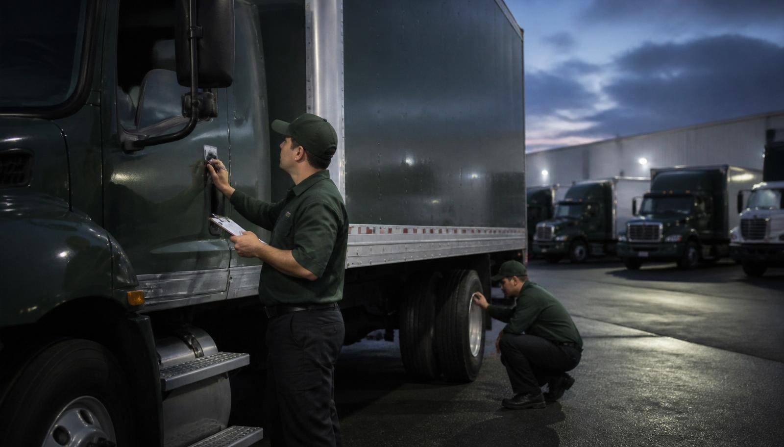 Uniformed moving crew performing pre-trip inspection on a truck at a carrier yard at blue hour.