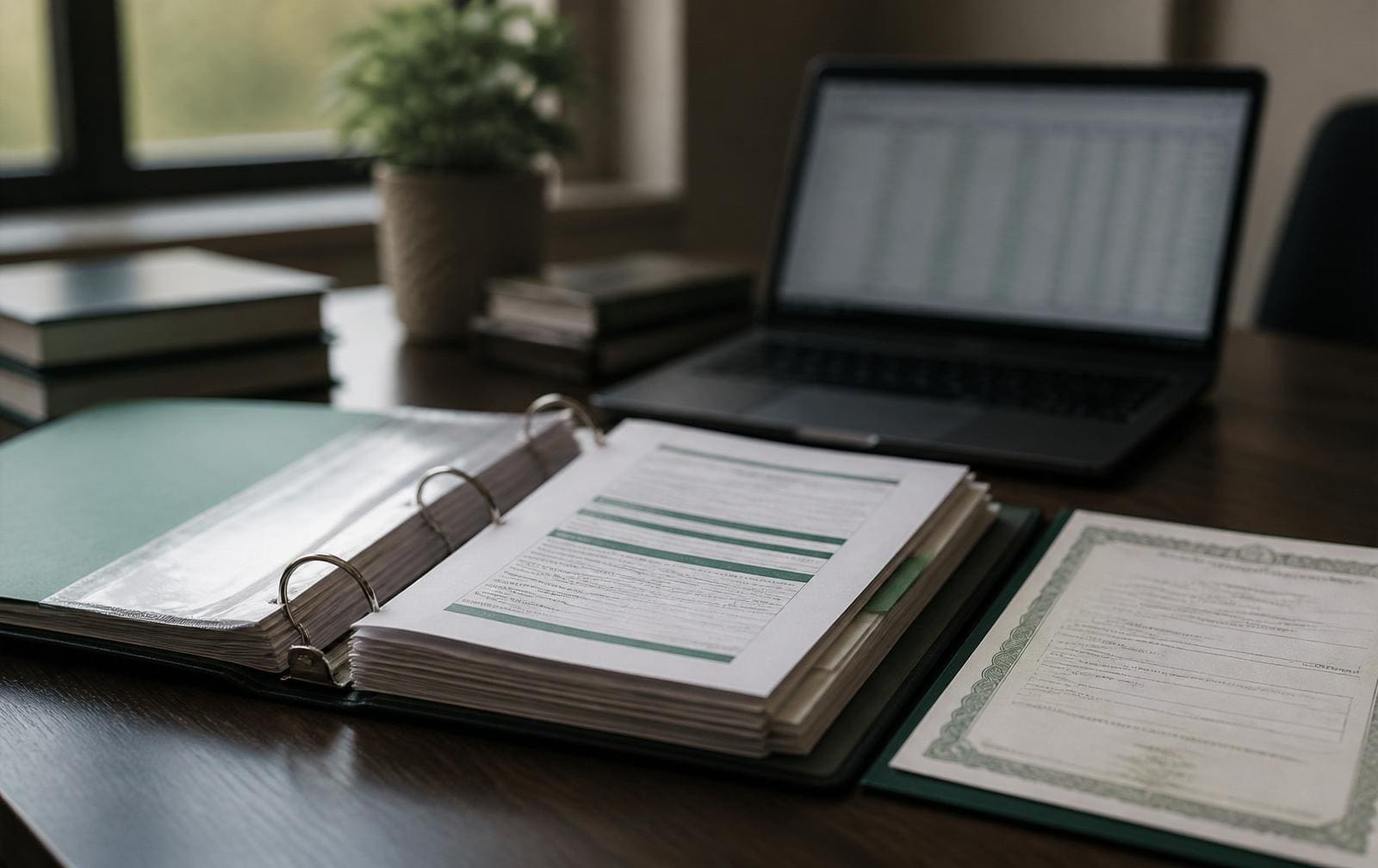 FMCSA compliance binder open next to a certificate of insurance and a laptop on a desk.